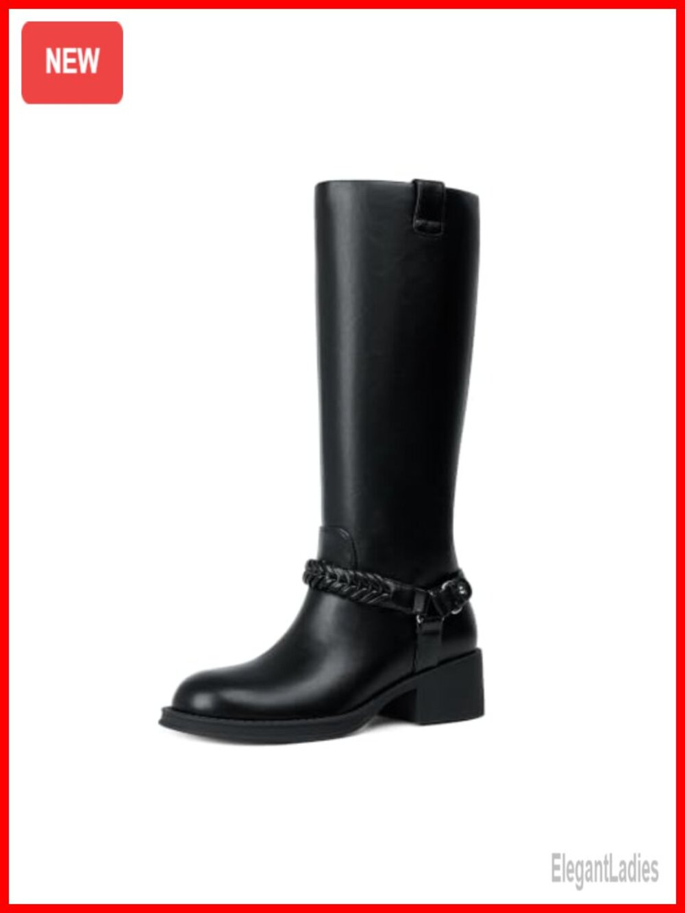 Women's Knee High Boots Chunky Block Heel Braided Strap Faux Leather Pull-On